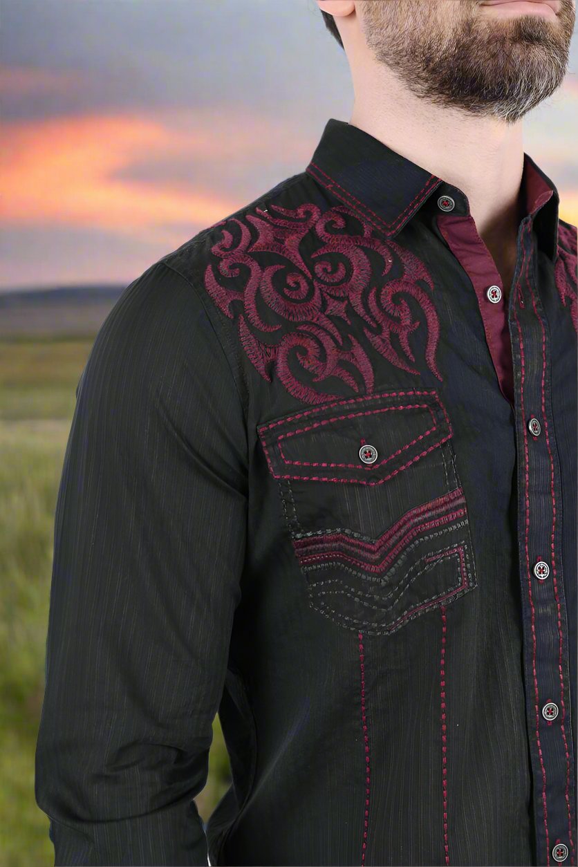 Mens Vintage Washed 2 tone Embroidery Modern Fit Stretch Shirt