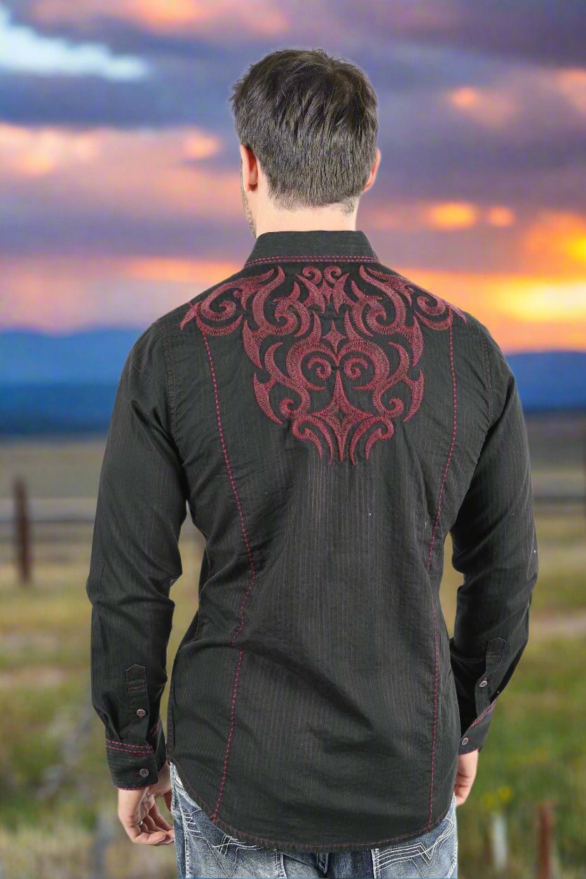 Mens Vintage Washed 2 tone Embroidery Modern Fit Stretch Shirt