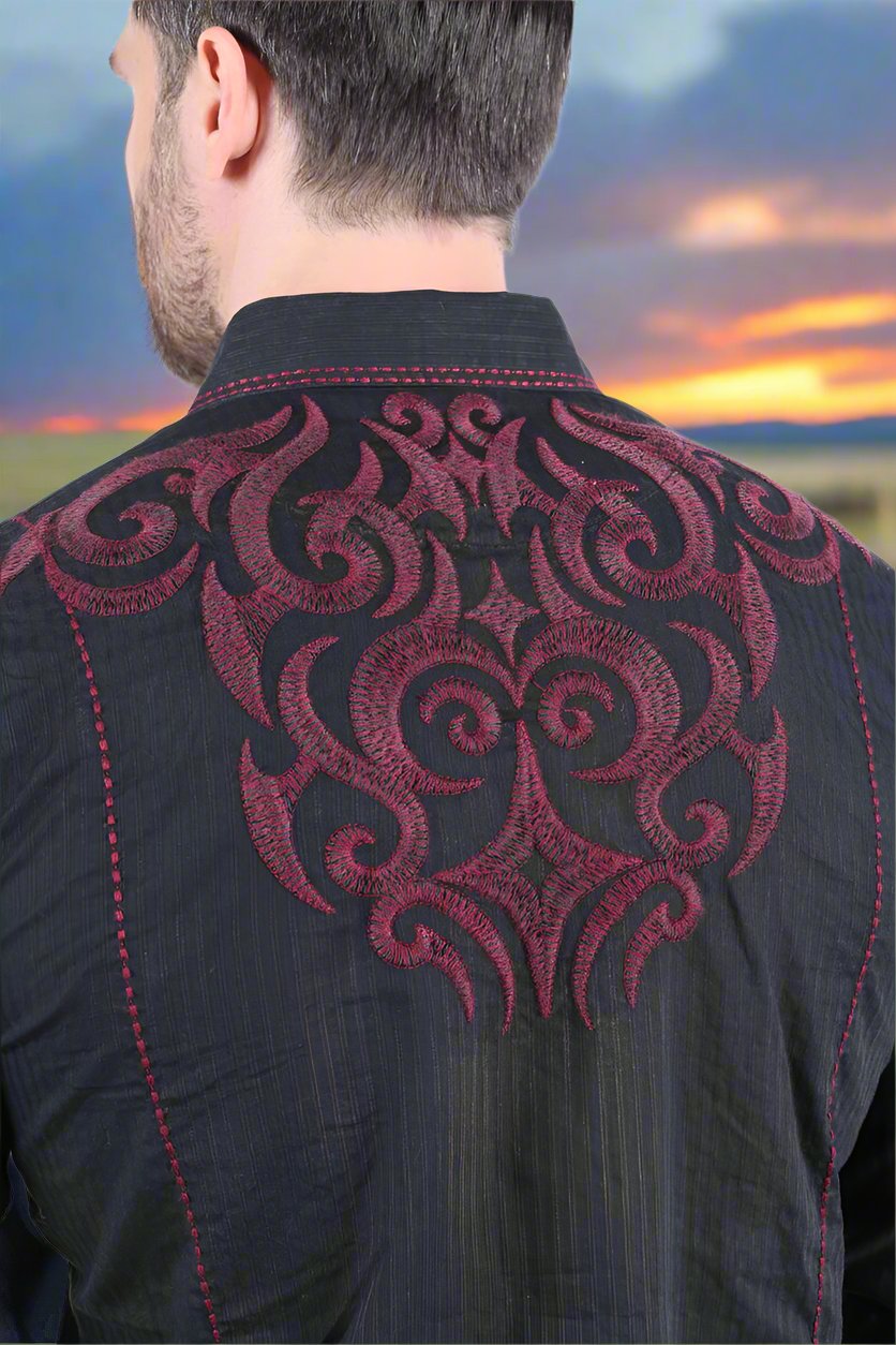 Mens Vintage Washed 2 tone Embroidery Modern Fit Stretch Shirt