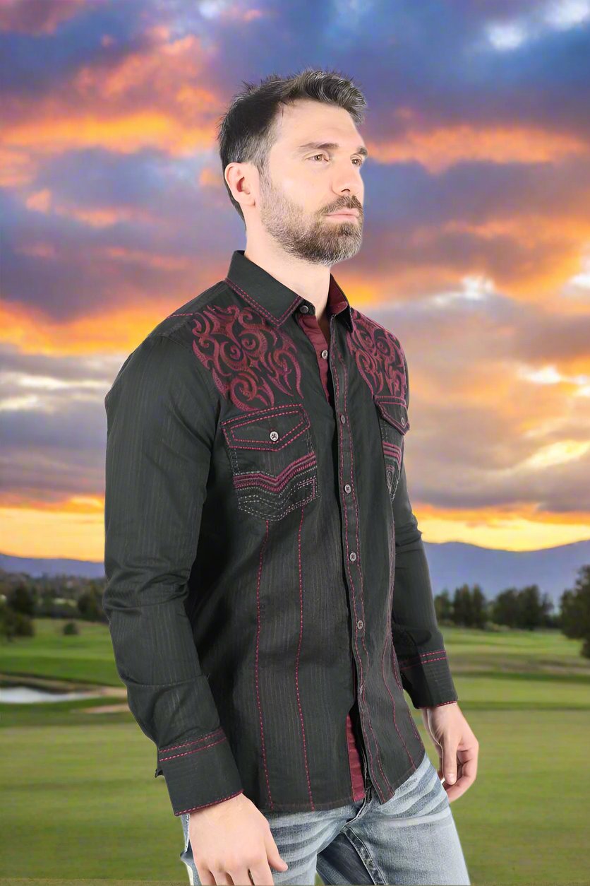 Mens Vintage Washed 2 tone Embroidery Modern Fit Stretch Shirt