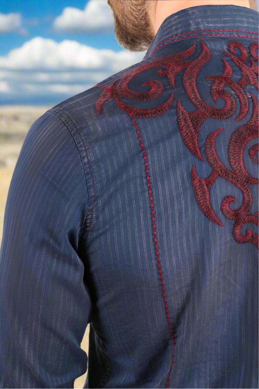 Mens Vintage Washed 2 Tone Embroidery Modern Fit Stretch Shirt