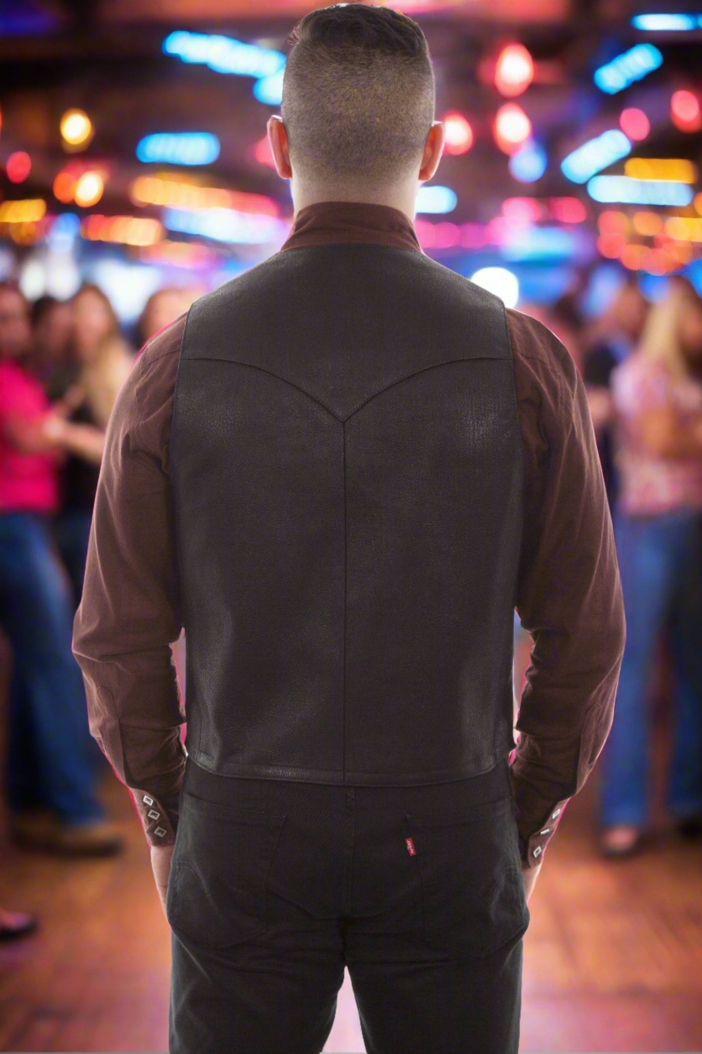 Black Lambskin Leather Western Vest with Front Button Closure