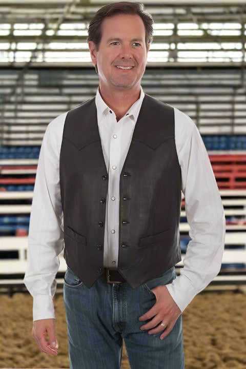 Black Lambskin Leather Western Vest with Front Button Closure