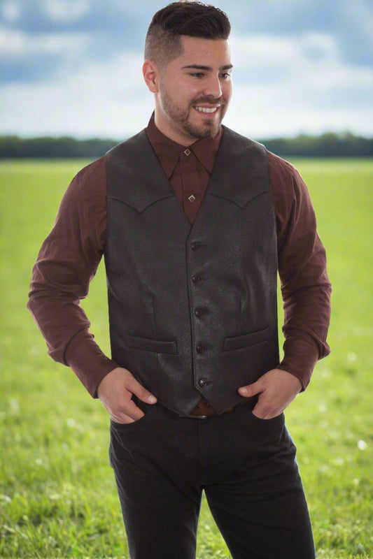Black Lambskin Leather Western Vest with Front Button Closure