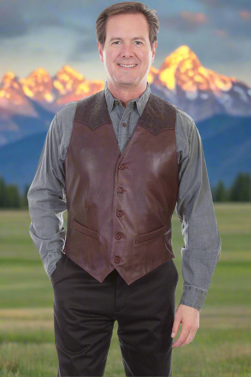 Black Cherry Leather Vest with Ostrich Trim Long Sizes