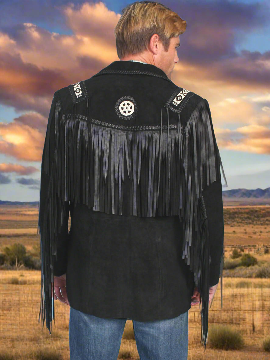 Black Hand Laced Bead Trim Coat with Fringe Long Sizes