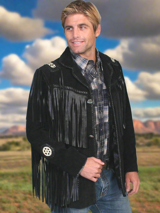 Black Hand Laced Bead Trim Coat with Fringe Long Sizes