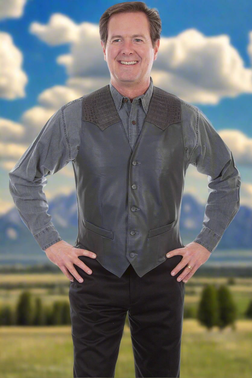 Leather Vest with Caiman Inset Front Yoke Extra Tall