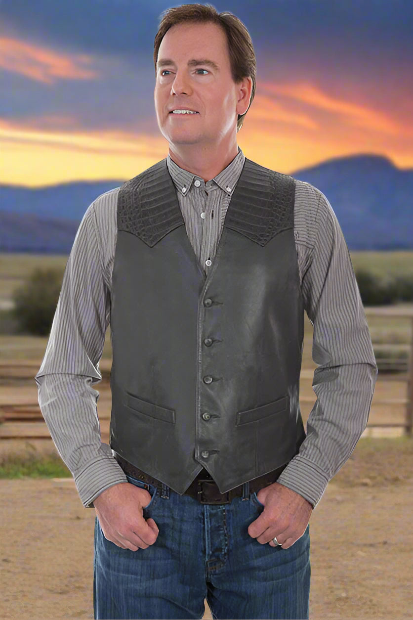 Leather Vest with Caiman Inset Front Yoke Extra Tall