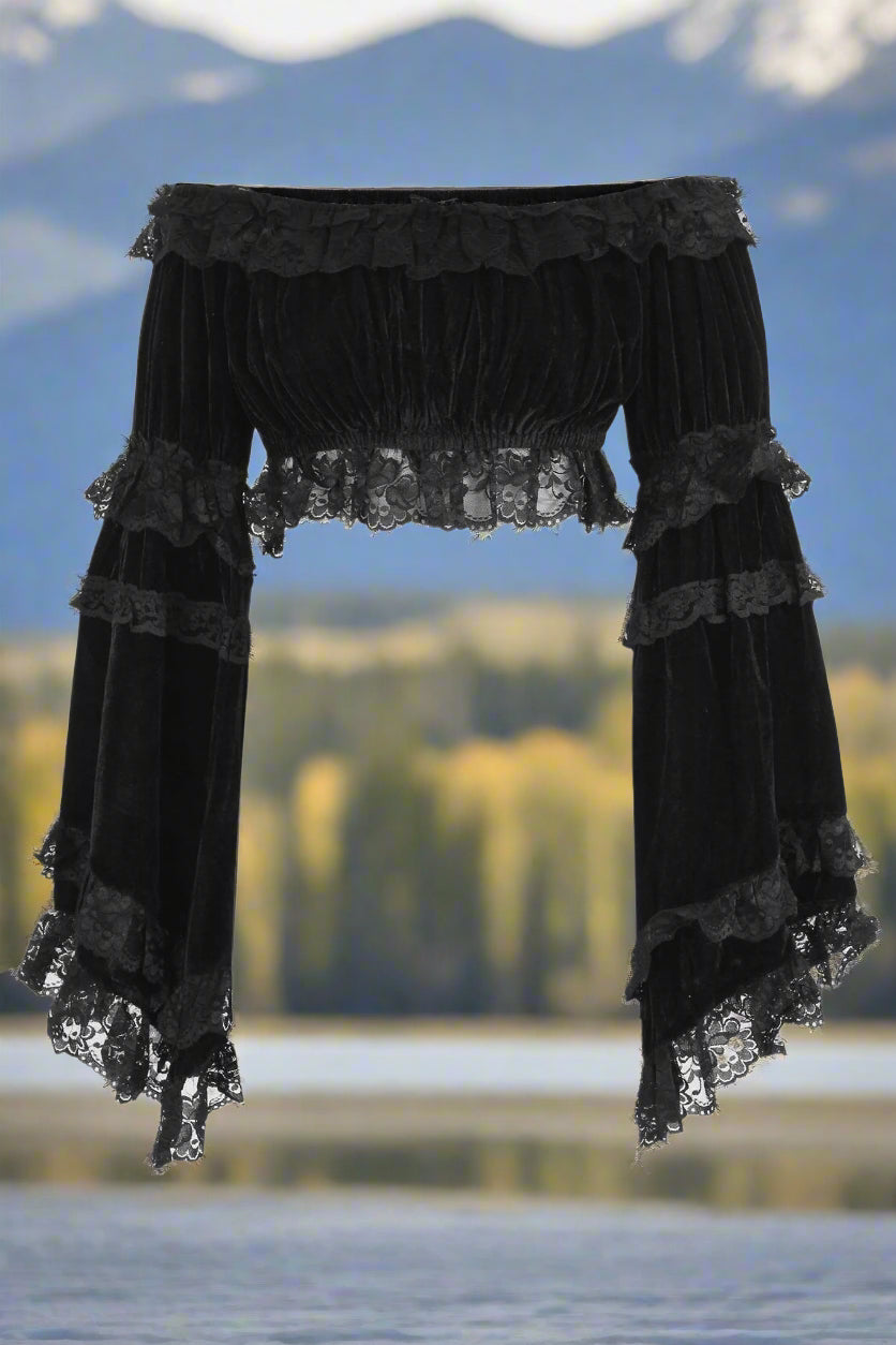 Black Velvet Smocked Flare Sleeve Peasant Top