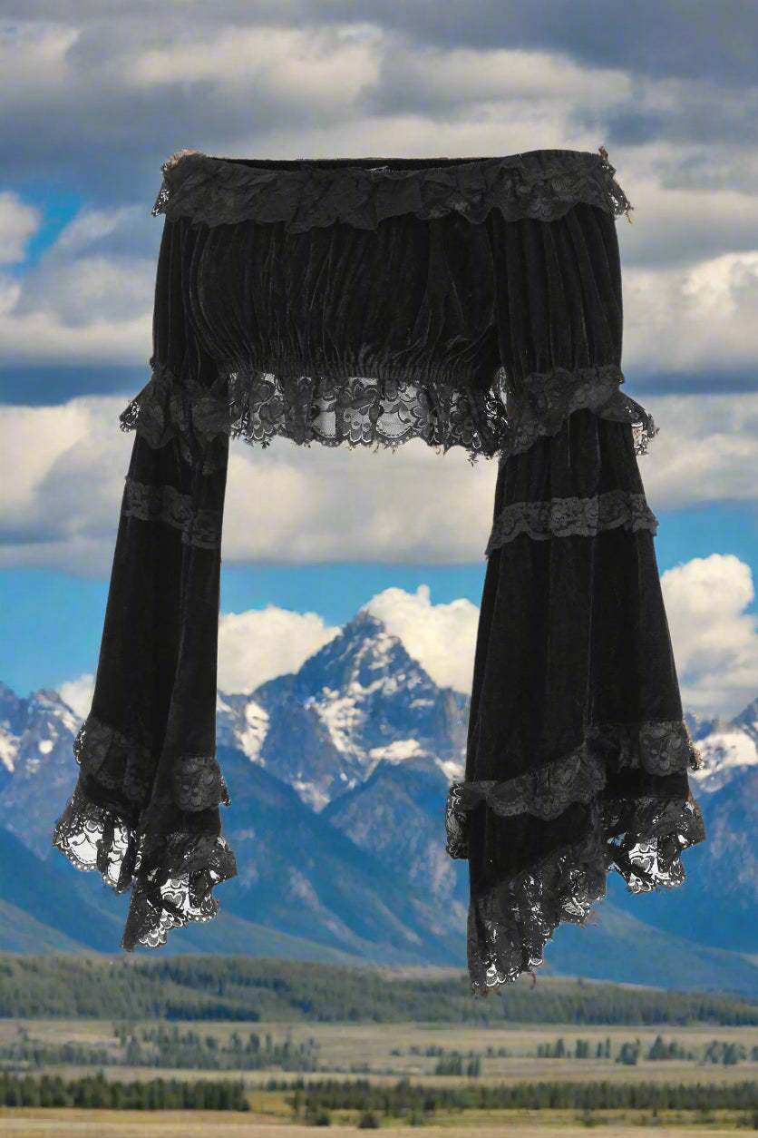 Black Velvet Smocked Flare Sleeve Peasant Top