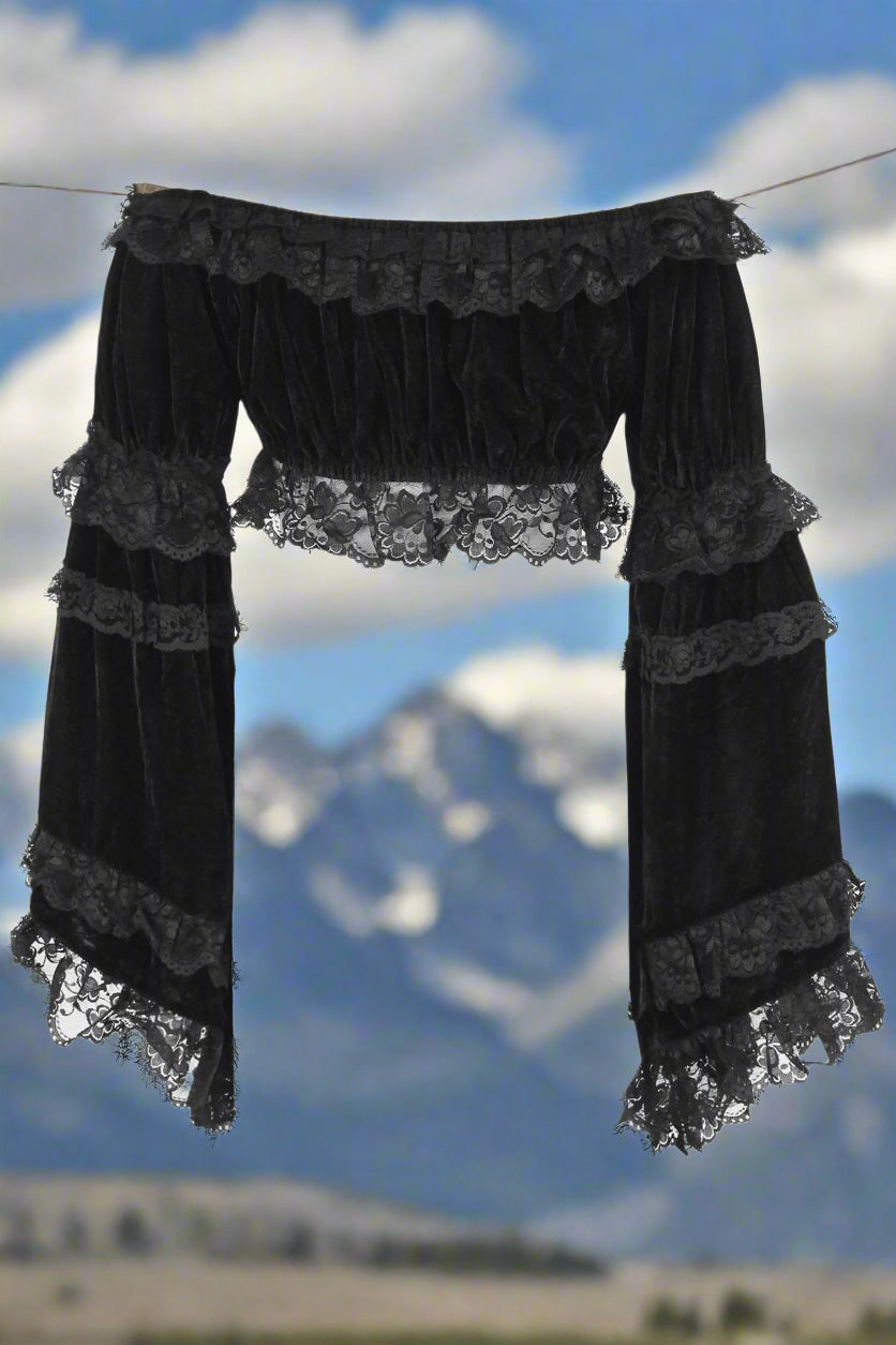 Black Velvet Smocked Flare Sleeve Peasant Top