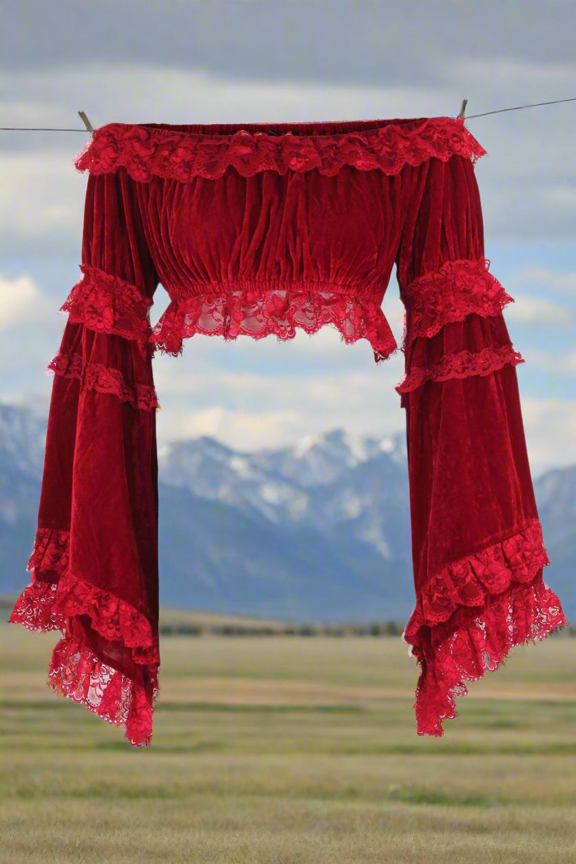 Dark Red Velvet Smocked Flare Sleeve Peasant Top