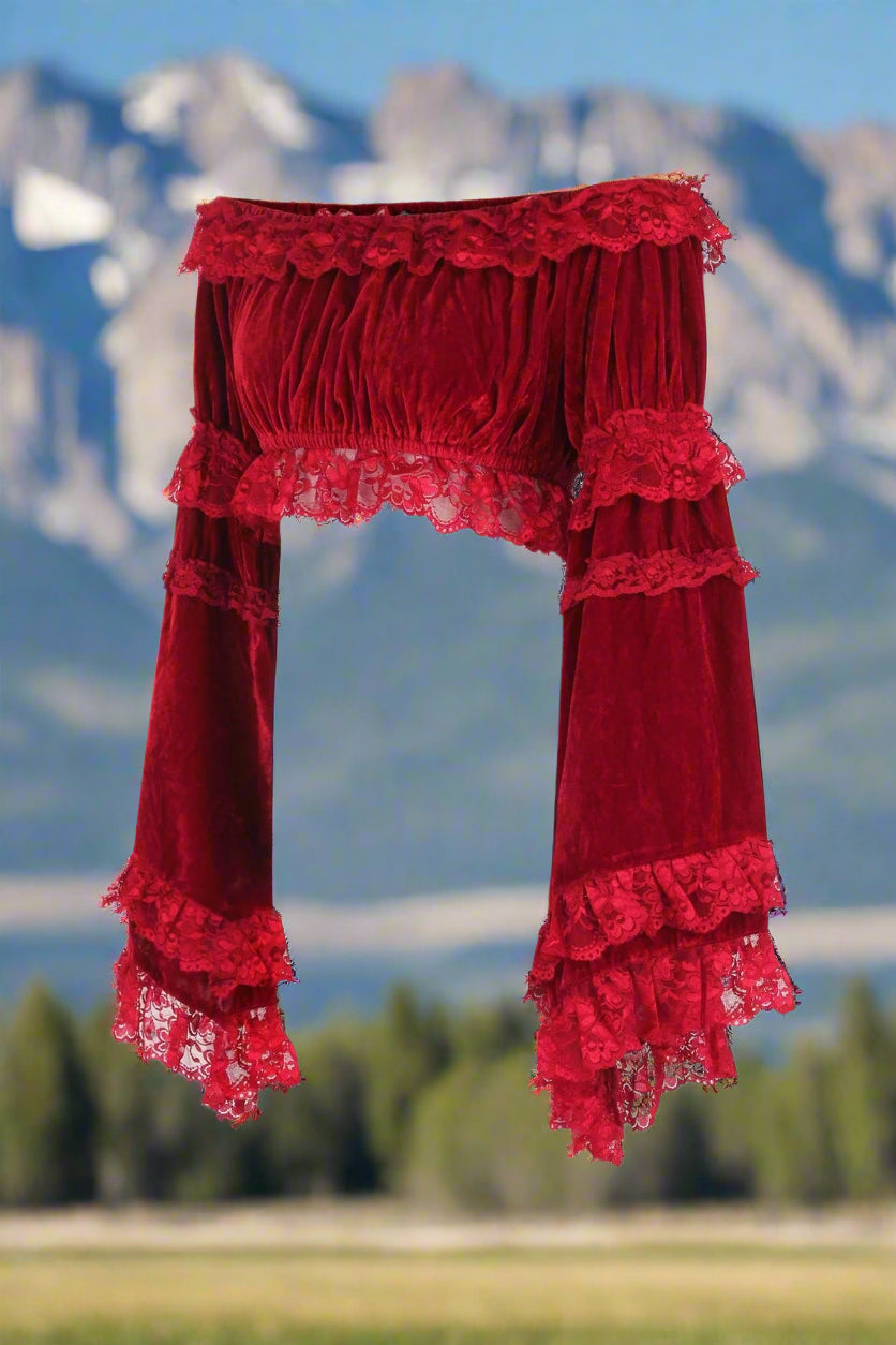 Dark Red Velvet Smocked Flare Sleeve Peasant Top