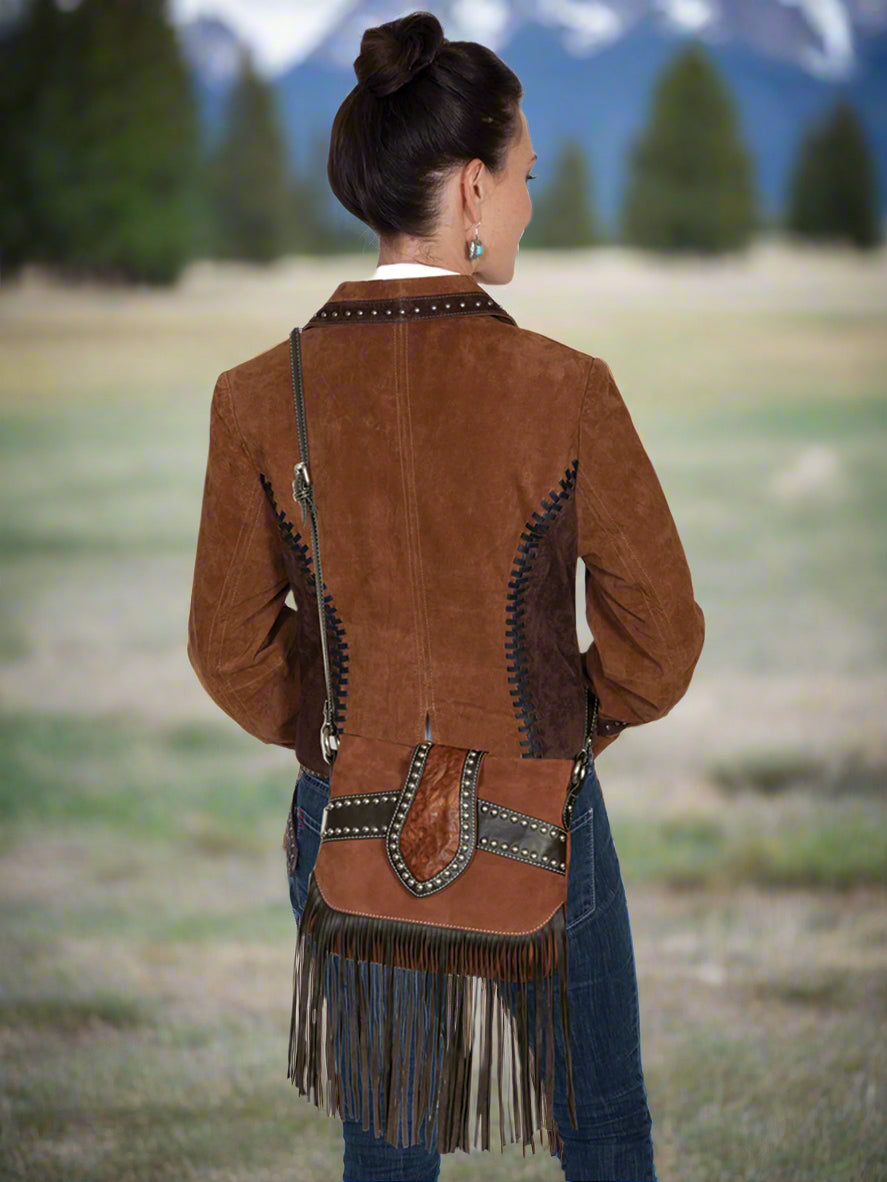 Suede and Leather Trim Fringe Handbag