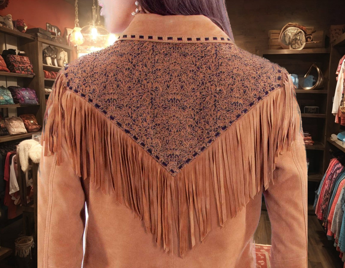Tan Suede Zip Front Jacket with Beautiful Fringe