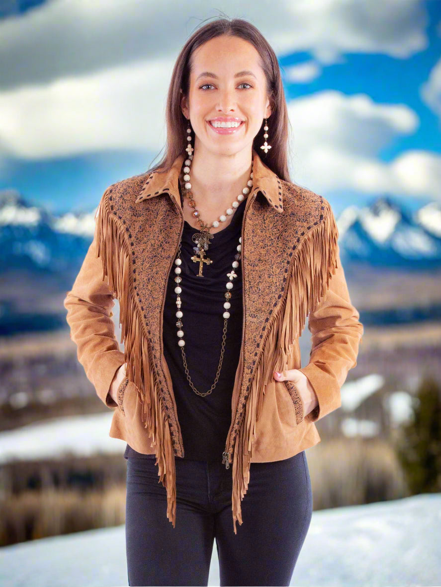 Tan Suede Zip Front Jacket with Beautiful Fringe