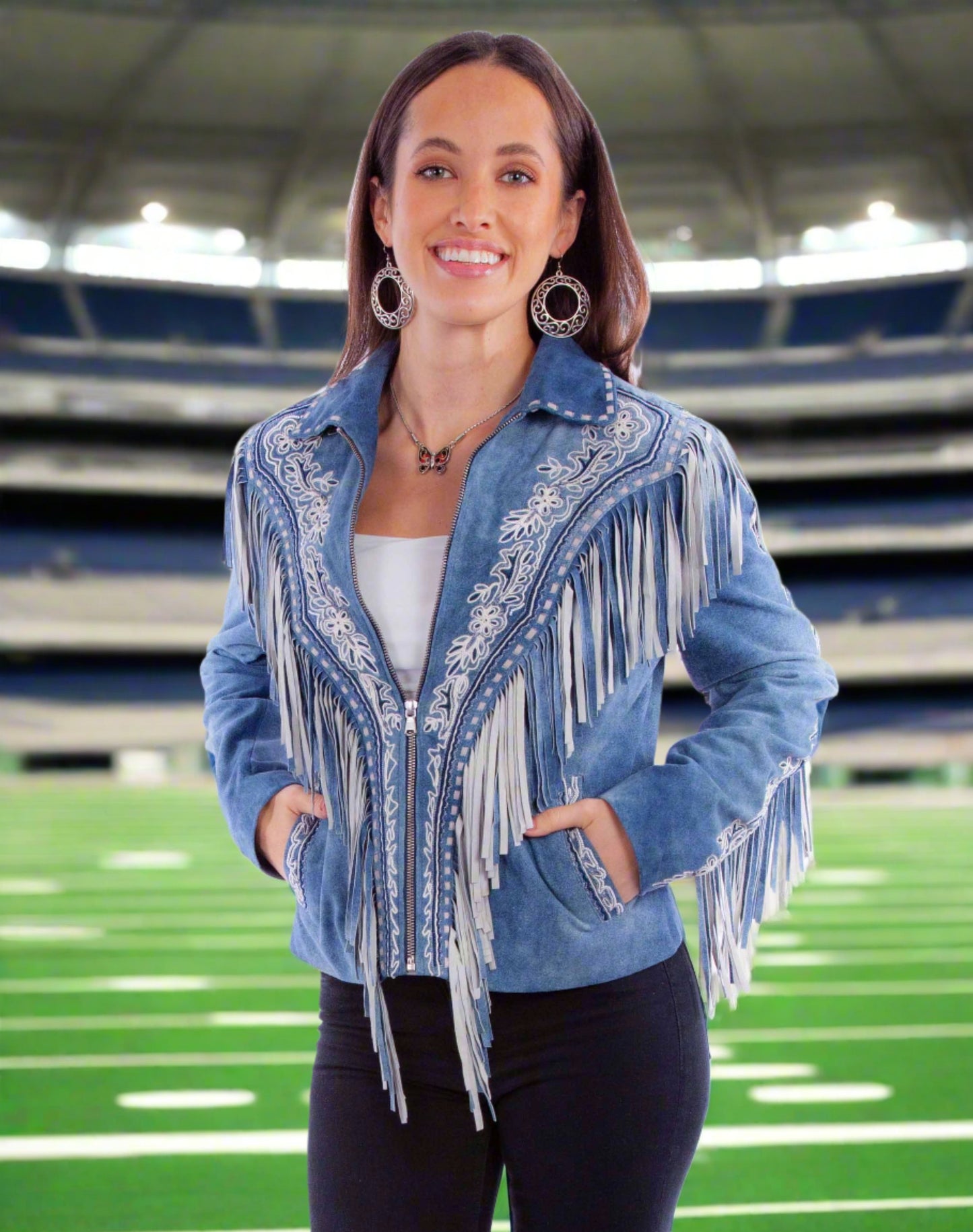 Blue Boar Suede Ladies Jacket with Embroidery and Fringe with a Front Zipper Closure