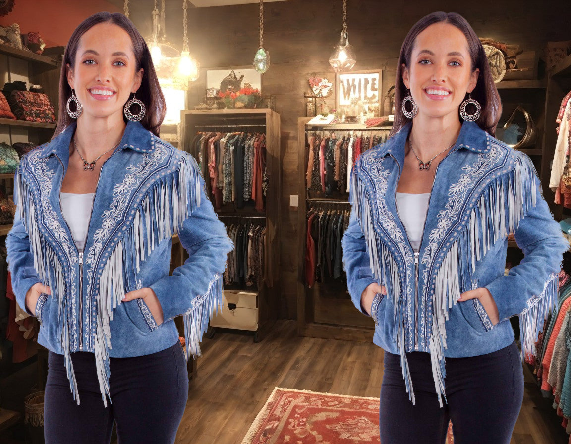 Blue Boar Suede Ladies Jacket with Embroidery and Fringe with a Front Zipper Closure