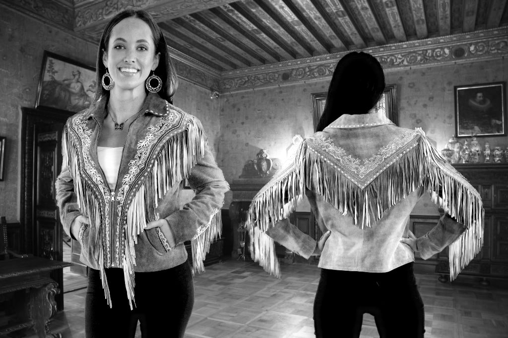 Blue Boar Suede Ladies Jacket with Embroidery and Fringe with a Front Zipper Closure