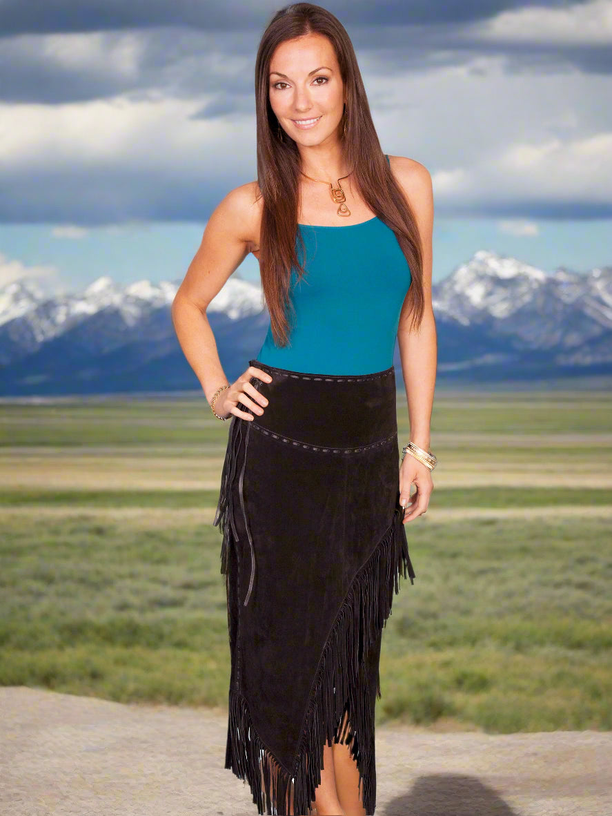 Black Long Suede Fringe Skirt by Scully in Size XS, S, M, L, XL, or XXL