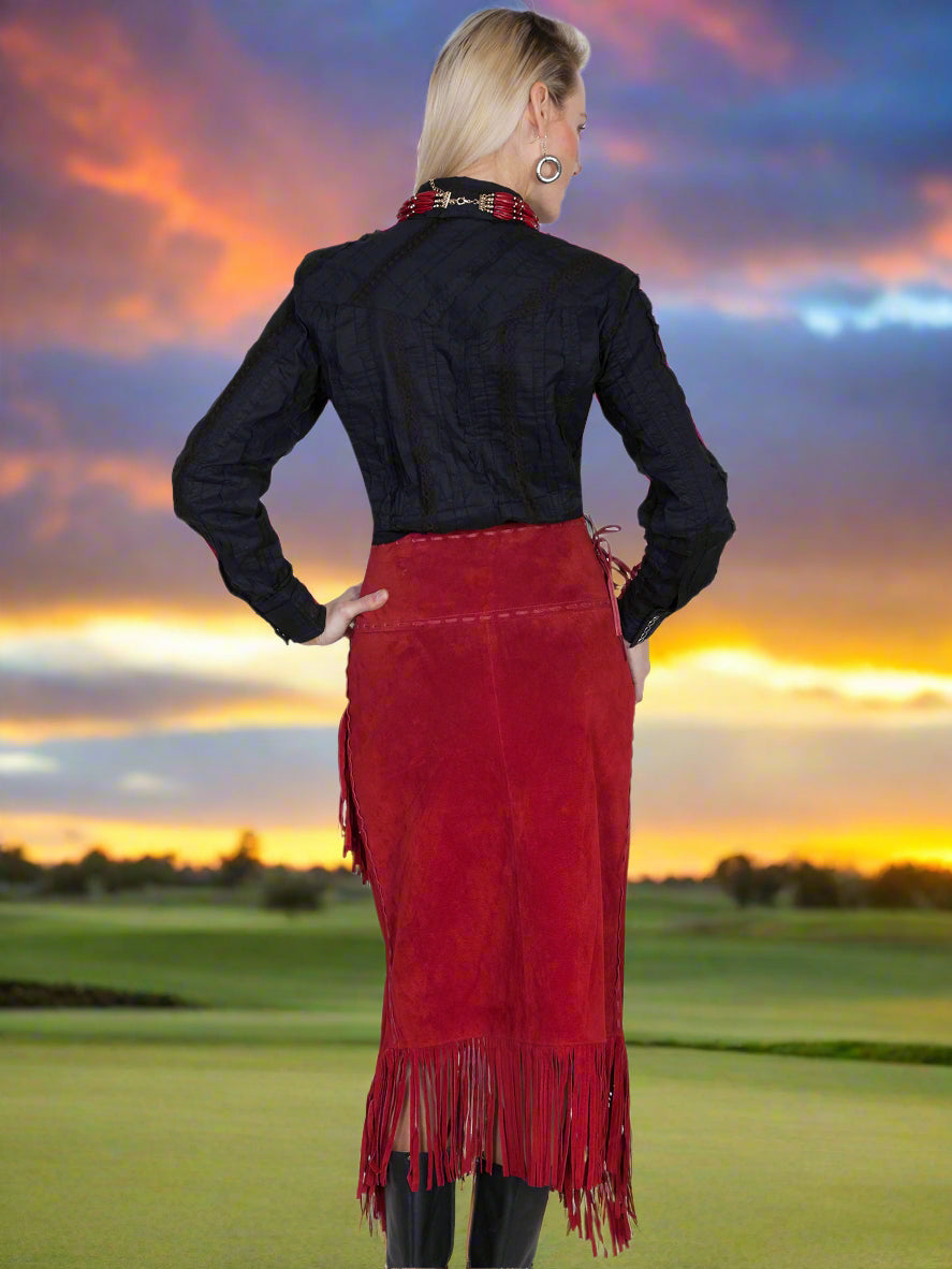 Red Long Suede Fringe Skirt by Scully in Size XS, S, M, L, XL, or XXL