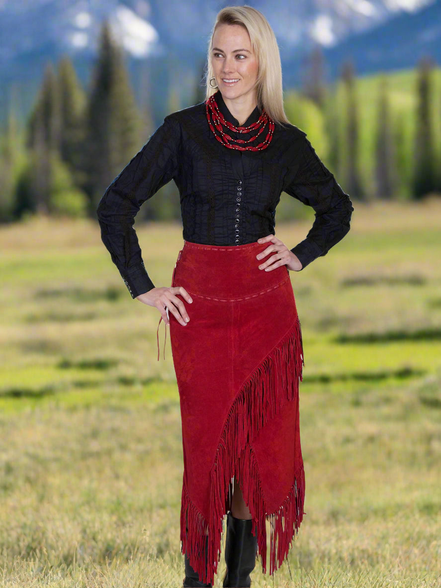 Red Long Suede Fringe Skirt by Scully in Size XS, S, M, L, XL, or XXL