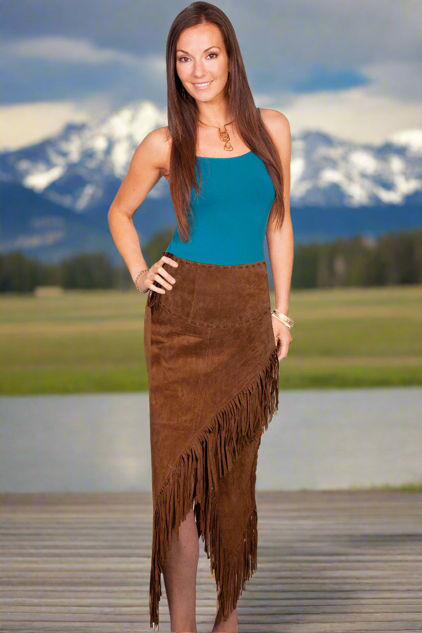 Cinnamon Long Suede Fringe Skirt by Scully in Size XS, S, M, L, XL, or XXL