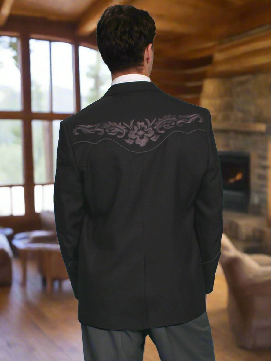 Charcoal on Black Embroidered Western Blazer
