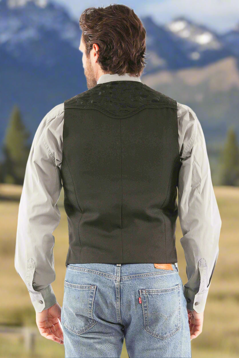 Mens Vest with Embroidered Leatherwork Style Tooling