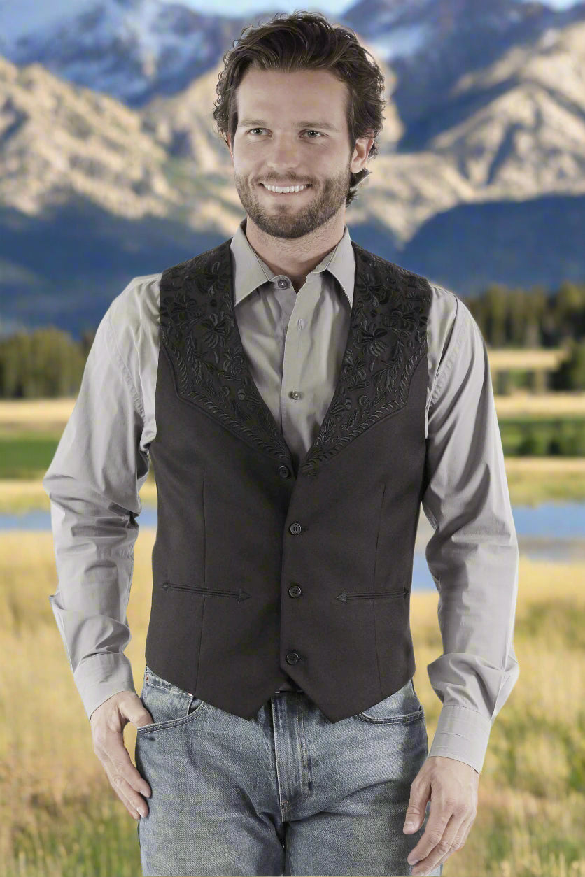 Mens Vest with Embroidered Leatherwork Style Tooling