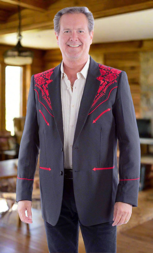 Black and Red Legendary Western Embroidered Blazer