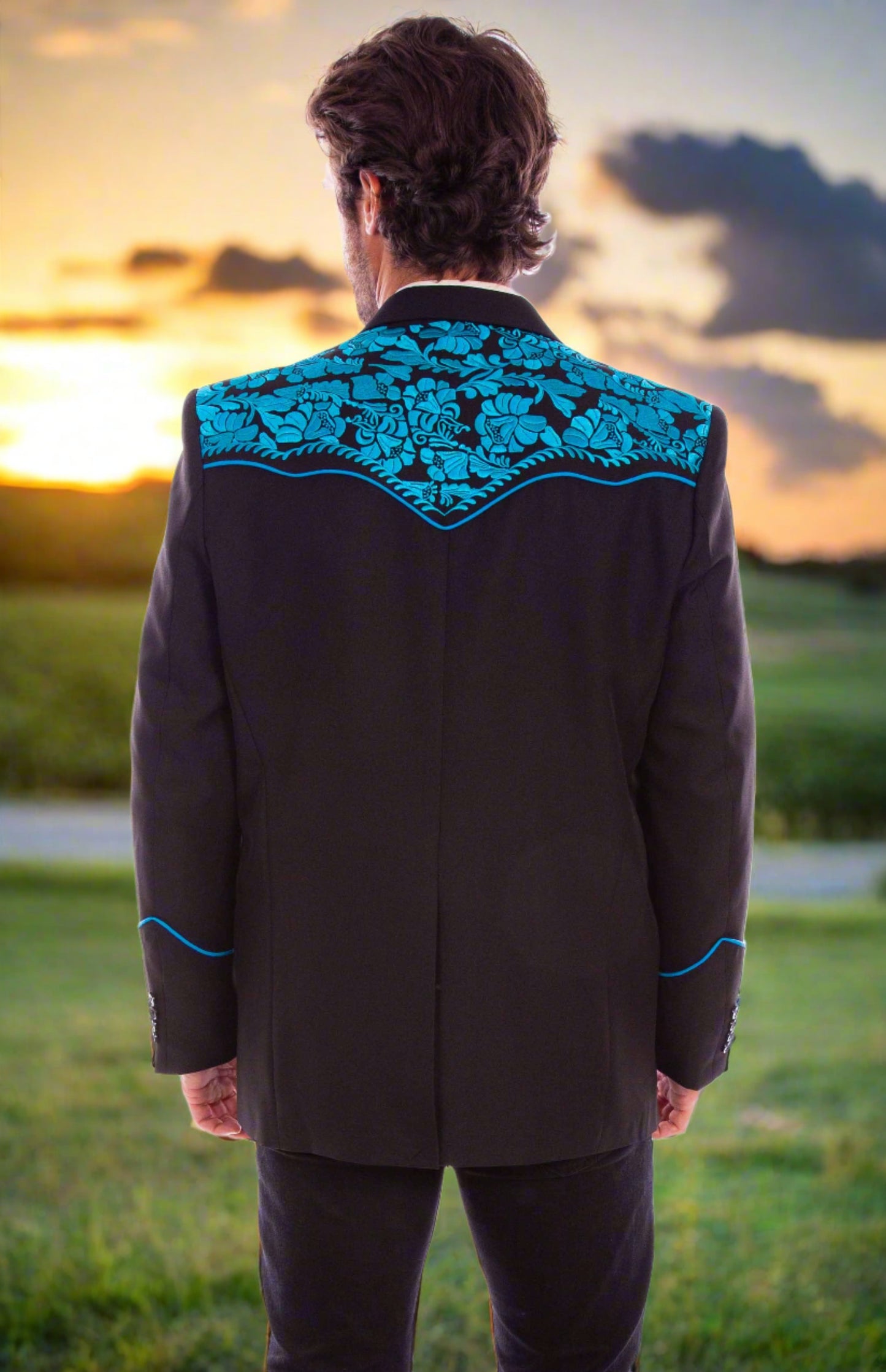 Black and Turquoise Legendary Western Embroidered Blazer