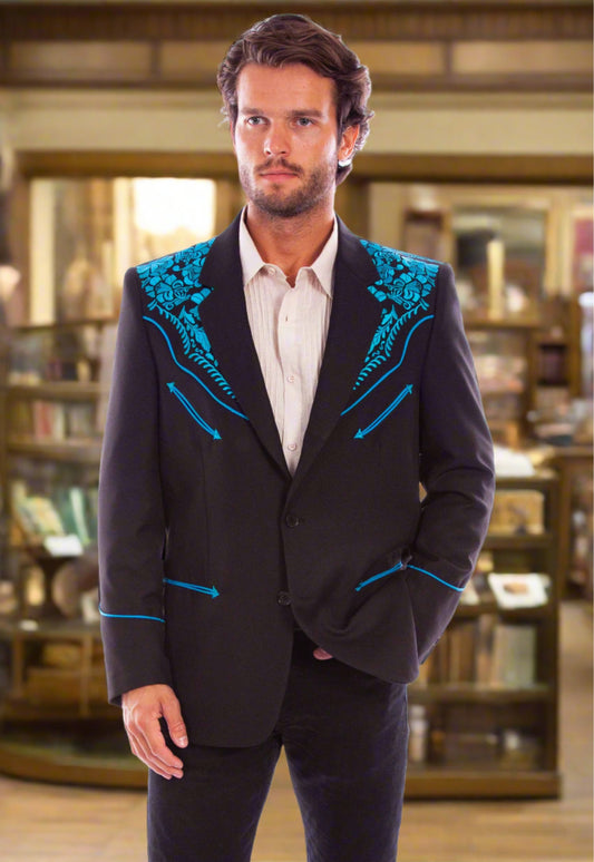 Black and Turquoise Legendary Western Embroidered Blazer