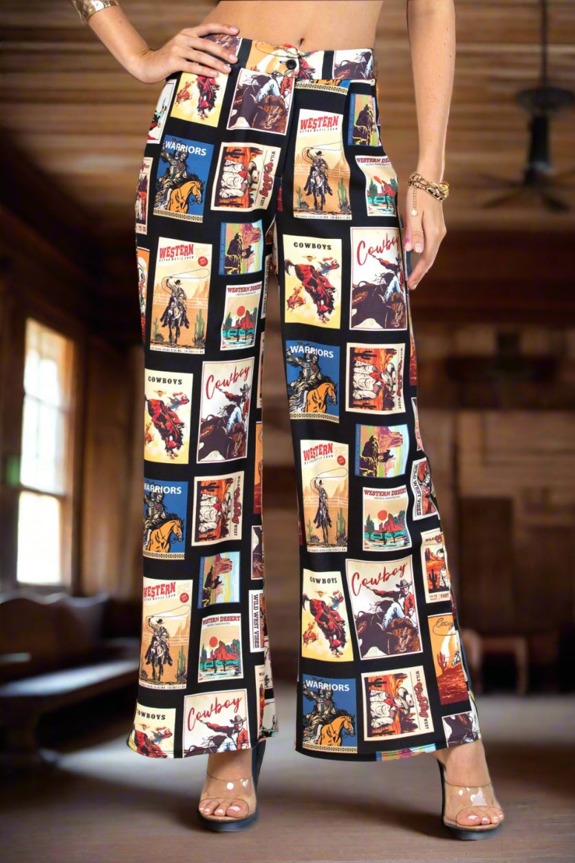 Western Cowboy Stamps Print Slack Pants