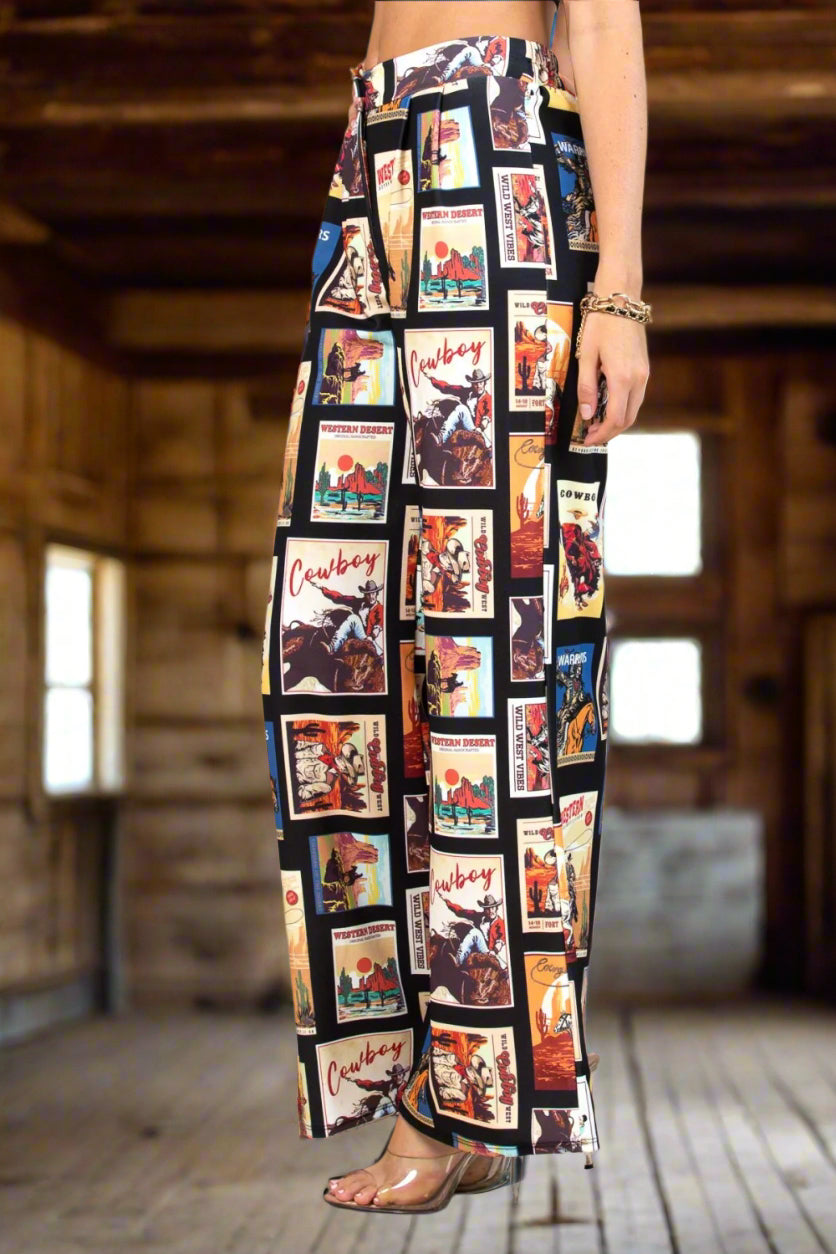 Western Cowboy Stamps Print Slack Pants