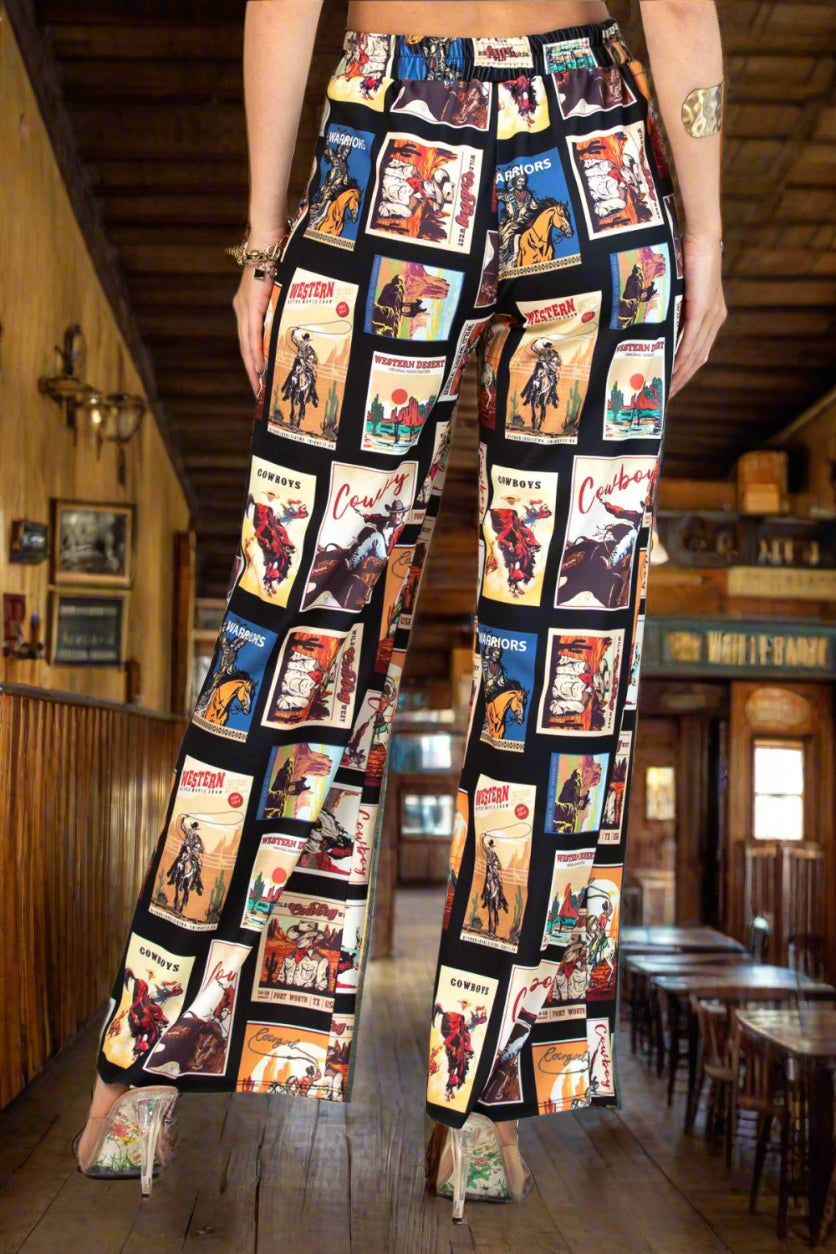 Western Cowboy Stamps Print Slack Pants