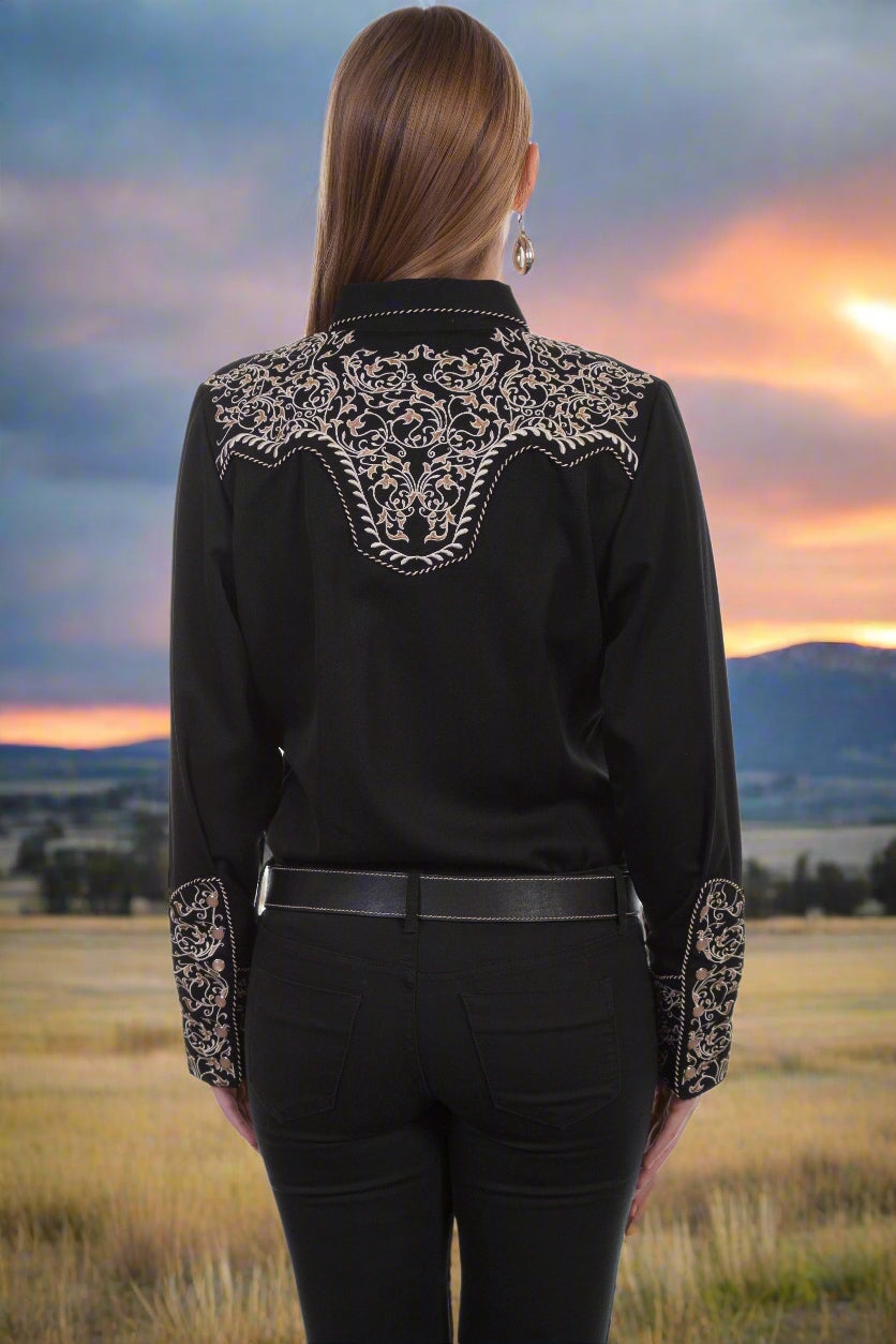 Warrior Blouse in Black with Two Tone Scroll Embroidery by Scully in Size XS, S, M, L, XL, or XXL