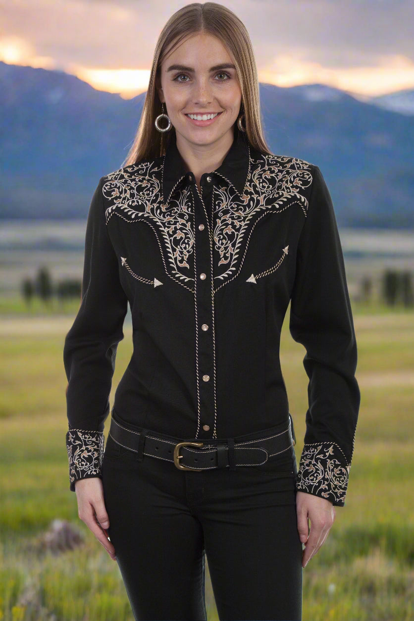 Warrior Blouse in Black with Two Tone Scroll Embroidery by Scully in Size XS, S, M, L, XL, or XXL