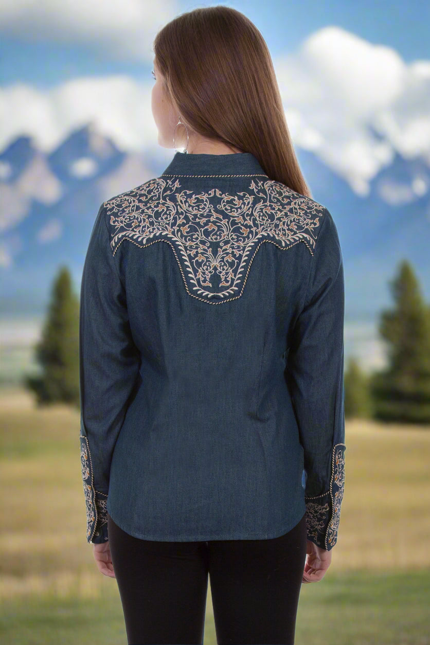 Warrior Blouse in Denim with Two Tone Scroll Embroidery by Scully in Size XS, S, M, L, XL, or XXL