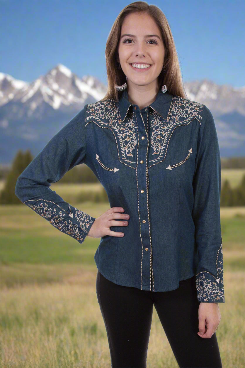 Warrior Blouse in Denim with Two Tone Scroll Embroidery by Scully in Size XS, S, M, L, XL, or XXL