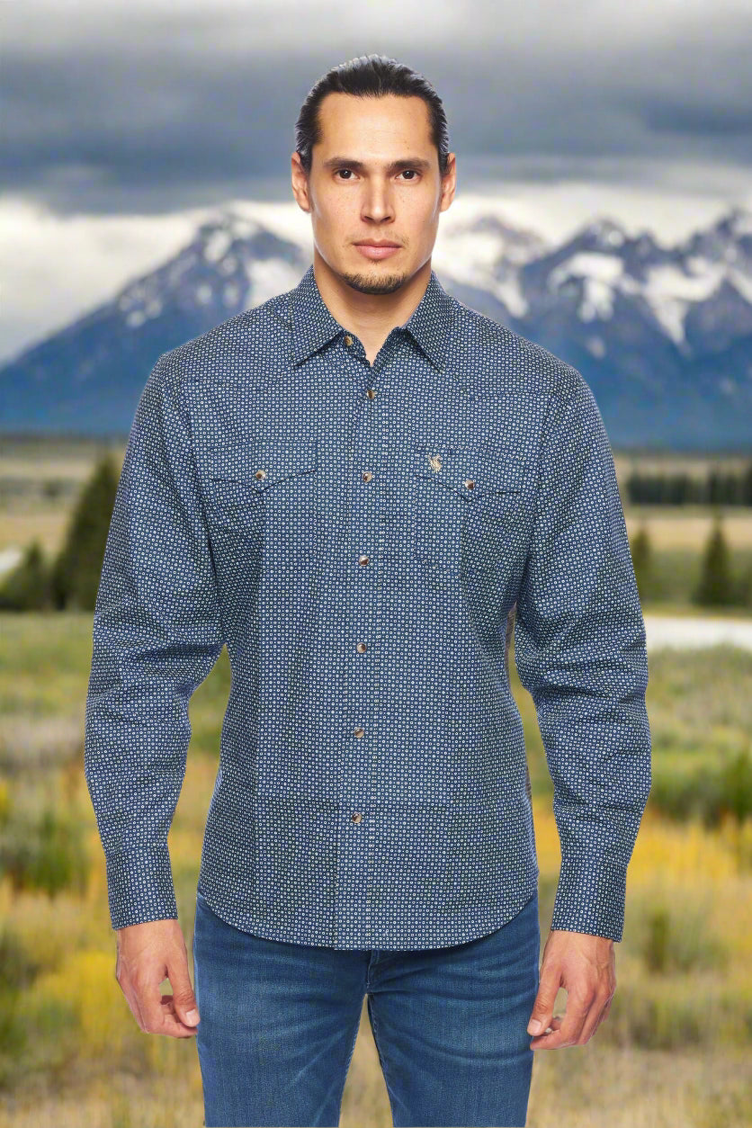 Western Pearl Snap Print Blue Shirt by Rodeo Clothing