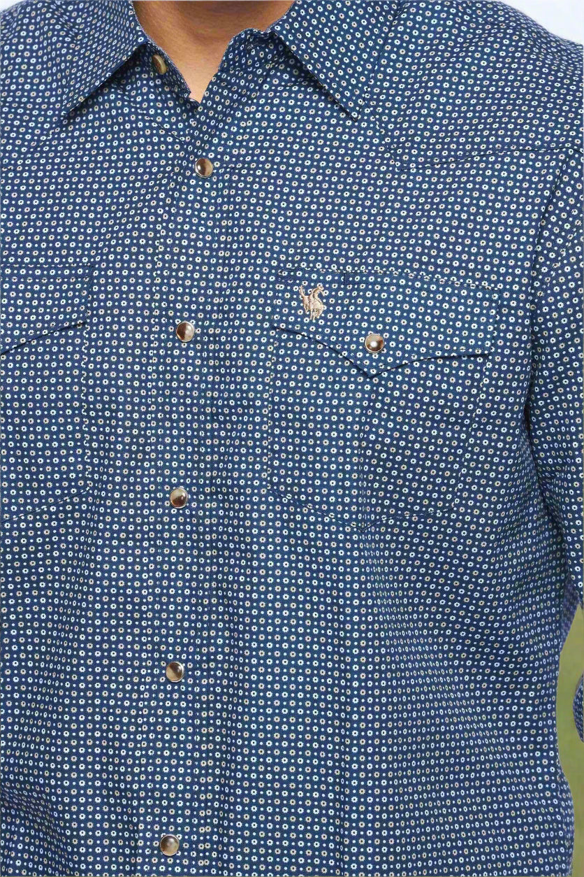 Western Pearl Snap Print Blue Shirt by Rodeo Clothing