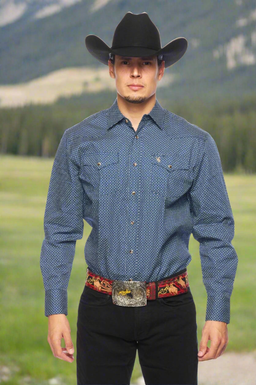 Western Pearl Snap Print Blue Shirt by Rodeo Clothing