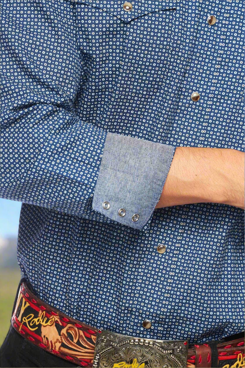 Western Pearl Snap Print Blue Shirt by Rodeo Clothing