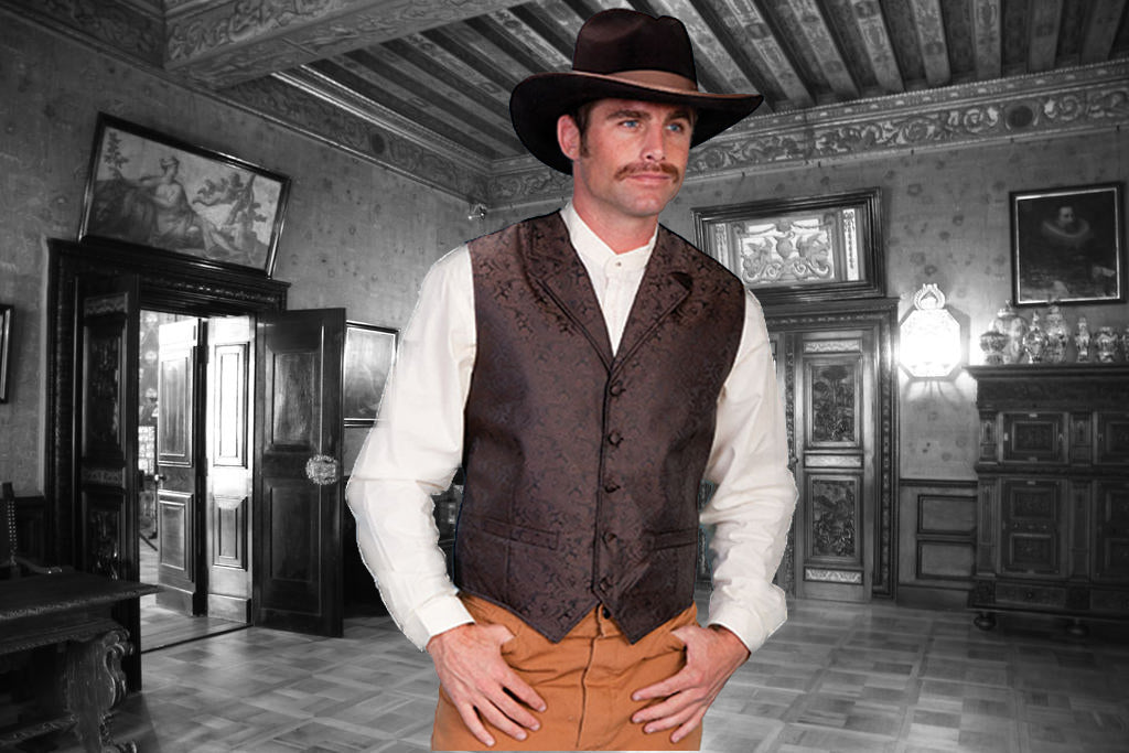 Old West Classic Brown Paisley Brocade Vest with Notched Lapels