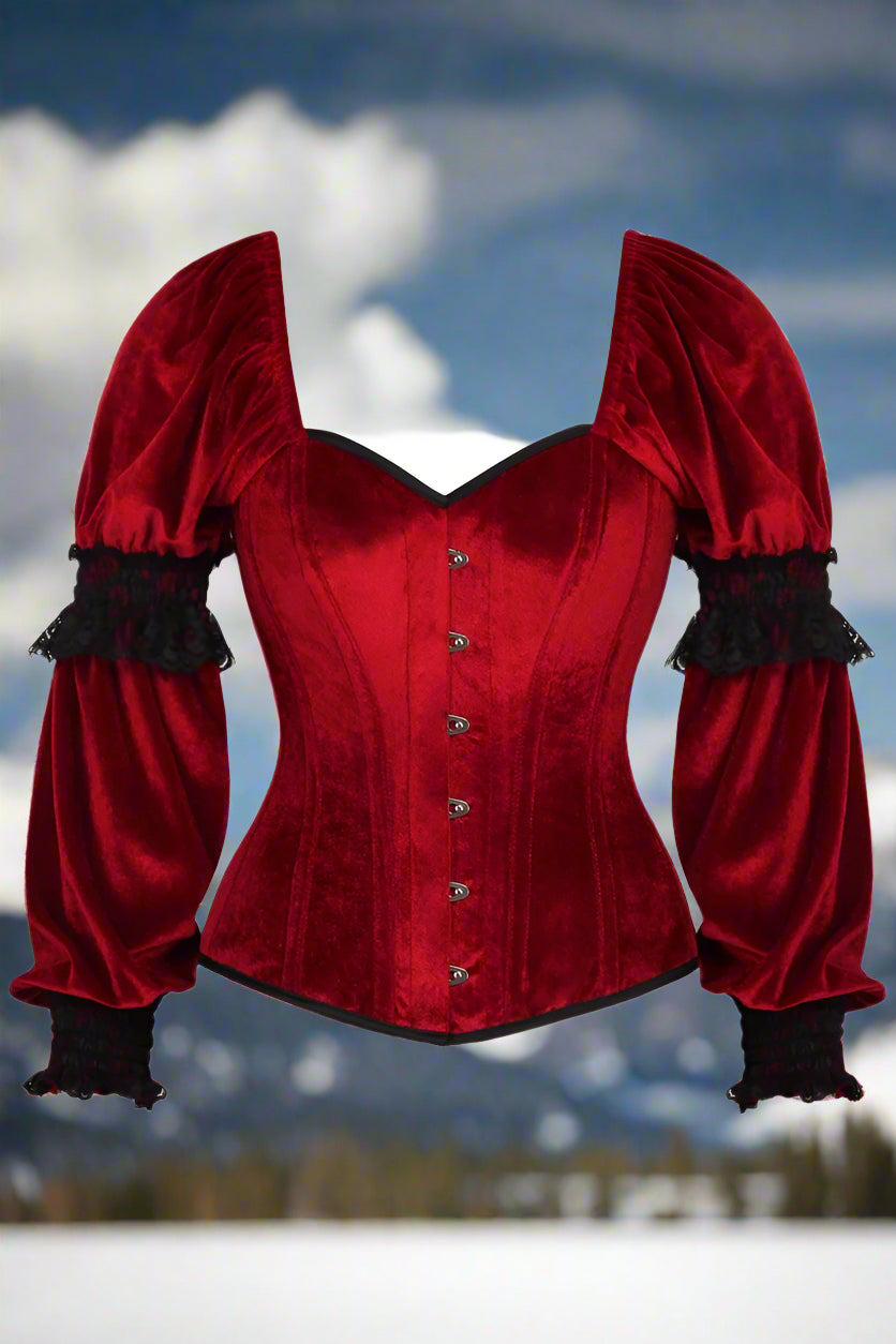 Dark Red Velvet Steel Boned Long Sleeve Corset