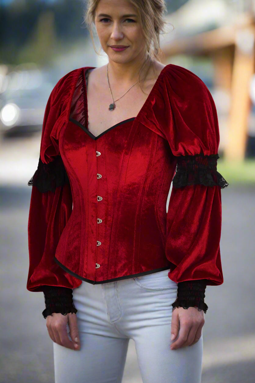 Dark Red Velvet Steel Boned Long Sleeve Corset
