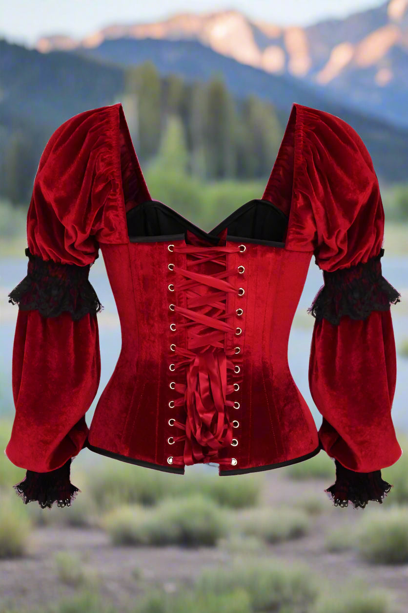 Dark Red Velvet Steel Boned Long Sleeve Corset