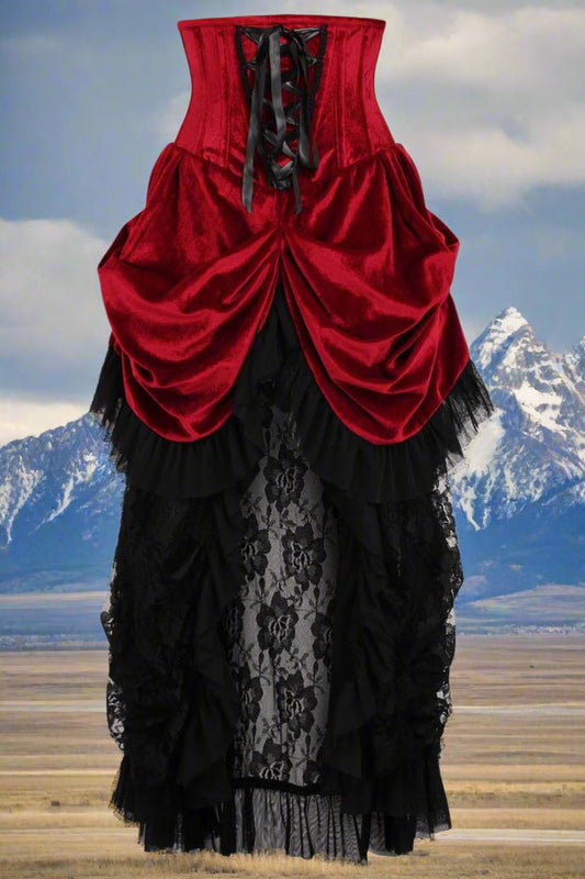 Dark Red Velvet Victorian Bustle Under Bust Corset Dress